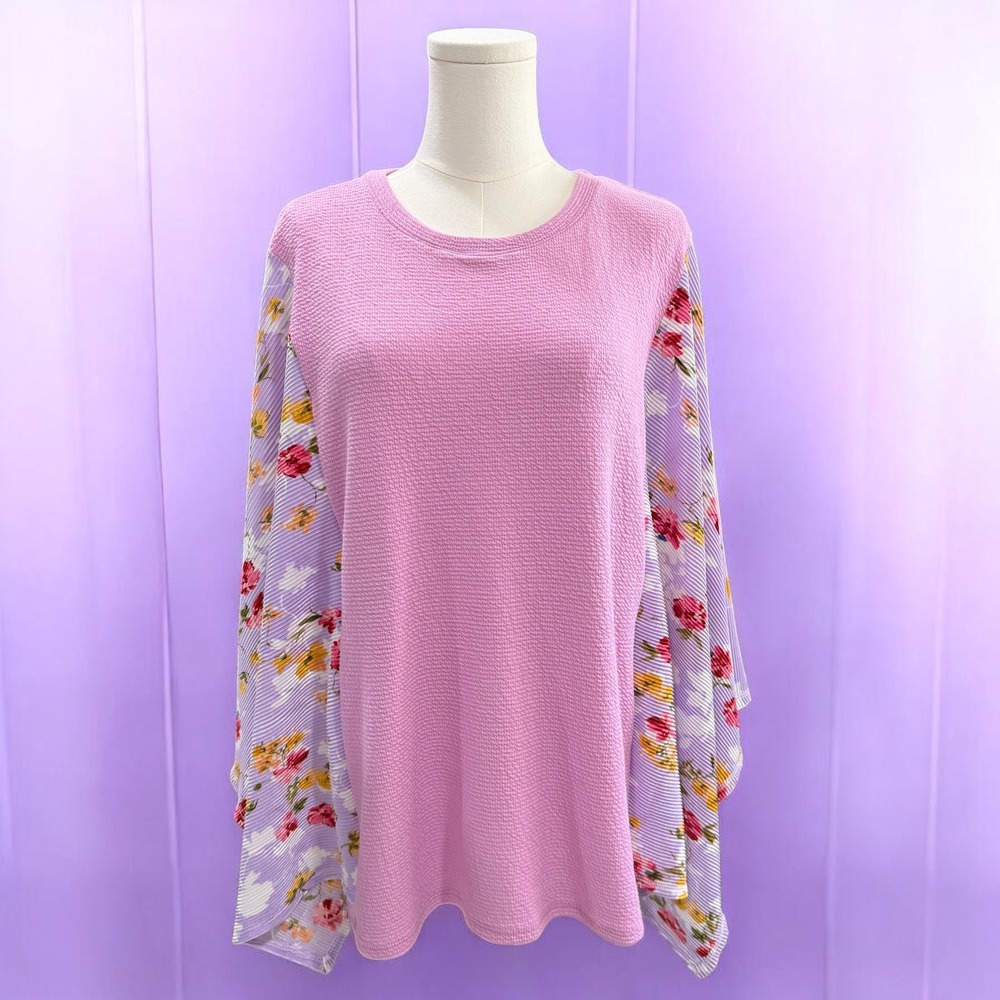 Pink Floral‎ Sheer Sleeve Tunic Cottagecore Fairycore Soft Girl Romantic Top
